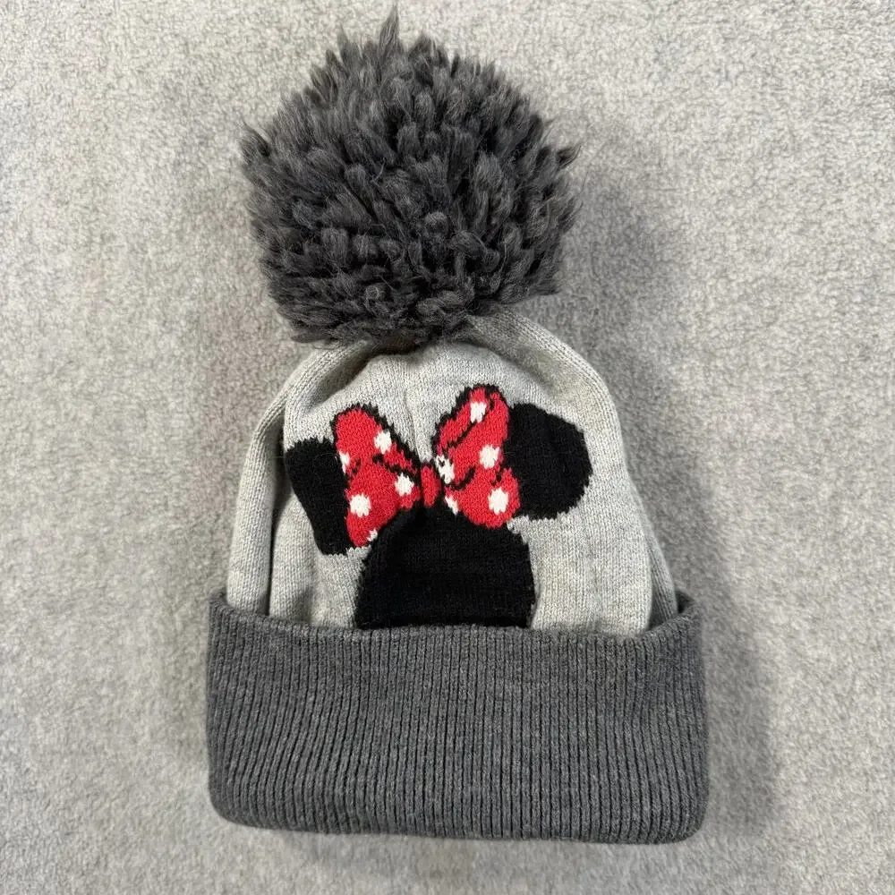 Baby GAP Disney Minnie Mouse Beanie Hat Size Small Grey Pom Pom Lined Winter
